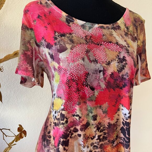Y2k Floral & Cheetah Print Flowy Pink and Brown Rhinestones Top w Sheer Sleeves - Picture 3 of 10